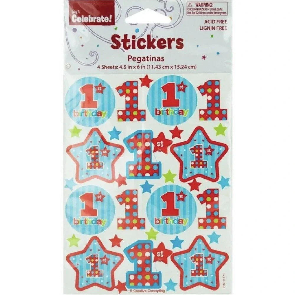 4 sheets 1st Blue Polka Dots & Stars Cute Birthday Party Favor Scrapbook Sticker